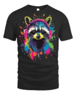 Colorful Raccoon Headphones T-Shirt Music Vibe - black t-shirt on white background