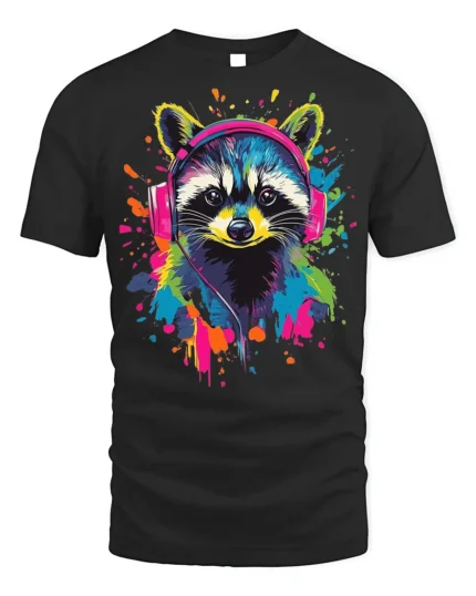 Colorful Raccoon Headphones T-Shirt  Music Vibe - black t-shirt on white background
