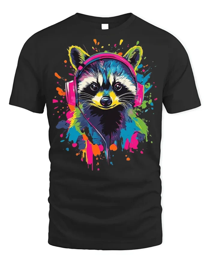 Colorful Raccoon Headphones T-Shirt  Music Vibe - black t-shirt on white background