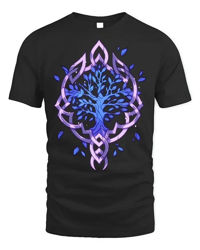 Celtic Tree of Life T-Shirt Blue Mystic Nature Design - black t-shirt on white background