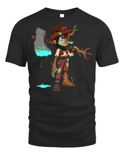 Tree Warrior Boy T-Shirt Fantasy Axe Character Graphic - black t-shirt on white background