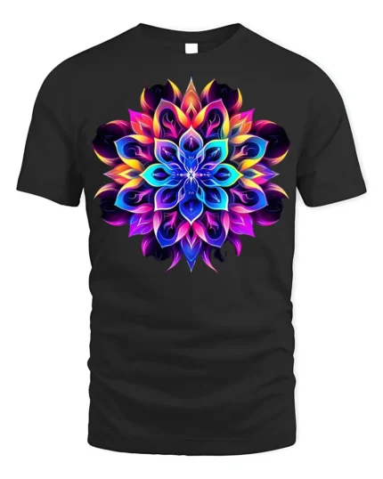 Psychedelic Mandala Flower T-Shirt Neon Chakra Energy - black t-shirt on white background