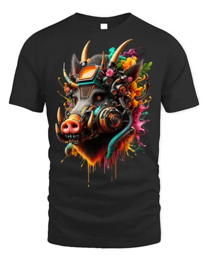 Cyber Boar T-Shirt Futuristic Tech Animal Graphic - black t-shirt on white background