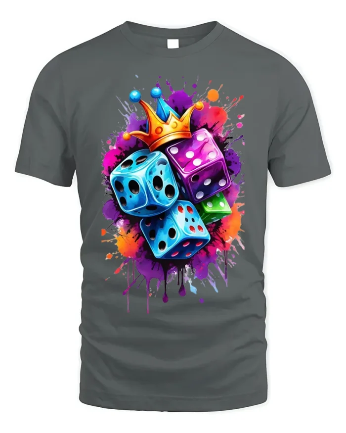 Color Dice Crown Splash Art Graphic T-Shirt for Men - gray t-shirt on white background
