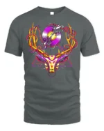 Neon Deer Head T-Shirt with Vinyl Record and Antlers Art - gray t-shirt on white background
