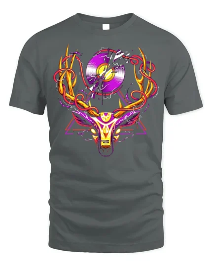 Neon Deer Head T-Shirt with Vinyl Record and Antlers Art - gray t-shirt on white background