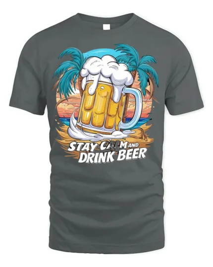 Stay Calm and Drink Beer T-Shirt Funny Beach Bar - gray t-shirt on white background