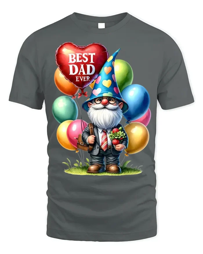 Best Dad Ever T-Shirt with Gnome and Balloon Gift Art - gray t-shirt on white background