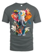 Colorful Elephant T-Shirt Tropical Floral Animal Design - gray t-shirt on white background