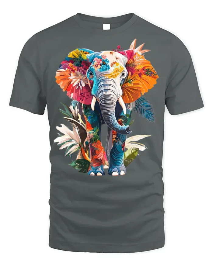 Colorful Elephant T-Shirt Tropical Floral Animal Design - gray t-shirt on white background