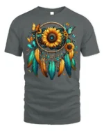 Sunflower Dreamcatcher T-Shirt with Feathers and Butterflies - gray t-shirt on white background