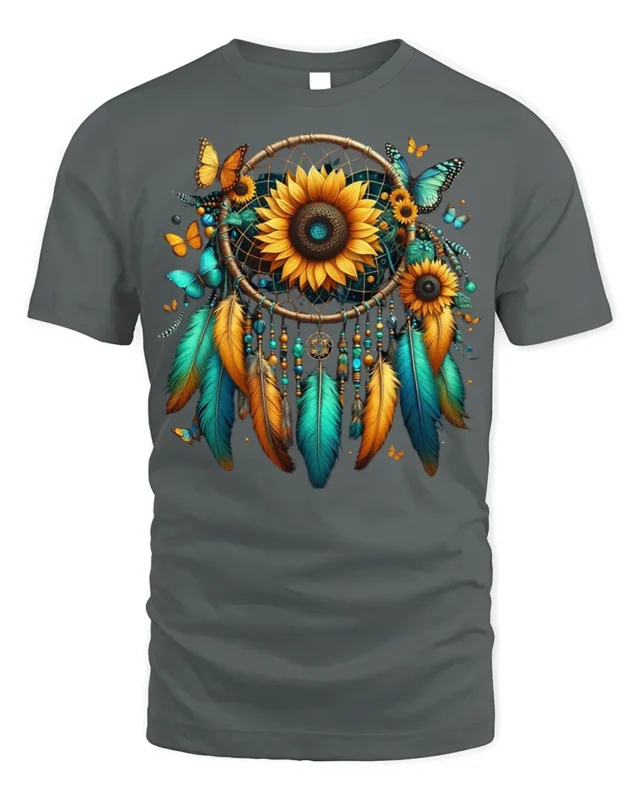 Sunflower Dreamcatcher T-Shirt with Feathers and Butterflies - gray t-shirt on white background