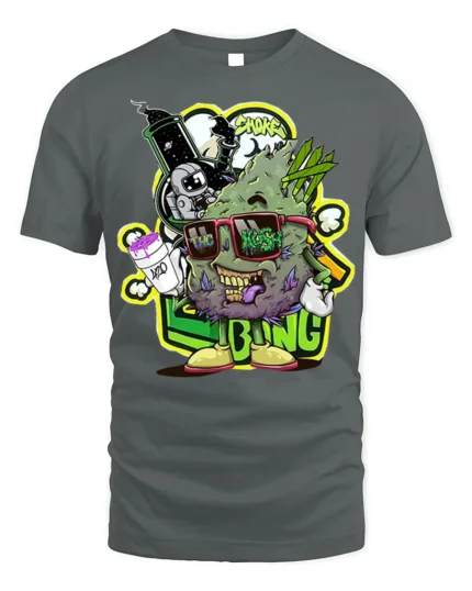Trippy Weed Cartoon T-Shirt Vibes Stoner Graphic - gray t-shirt on white background