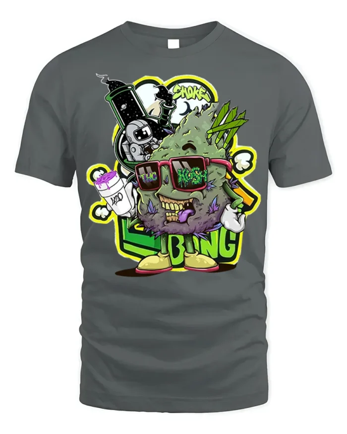 Trippy Weed Cartoon T-Shirt Vibes Stoner Graphic - gray t-shirt on white background