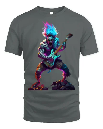 Neon Rock Monster T-Shirt Electric Guitar Graphic - gray t-shirt on white background