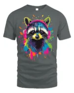 Colorful Raccoon Headphones T-Shirt Music Vibe - gray t-shirt on white background