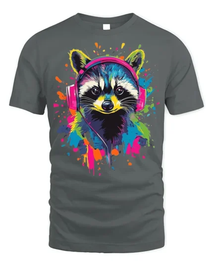 Colorful Raccoon Headphones T-Shirt  Music Vibe - gray t-shirt on white background