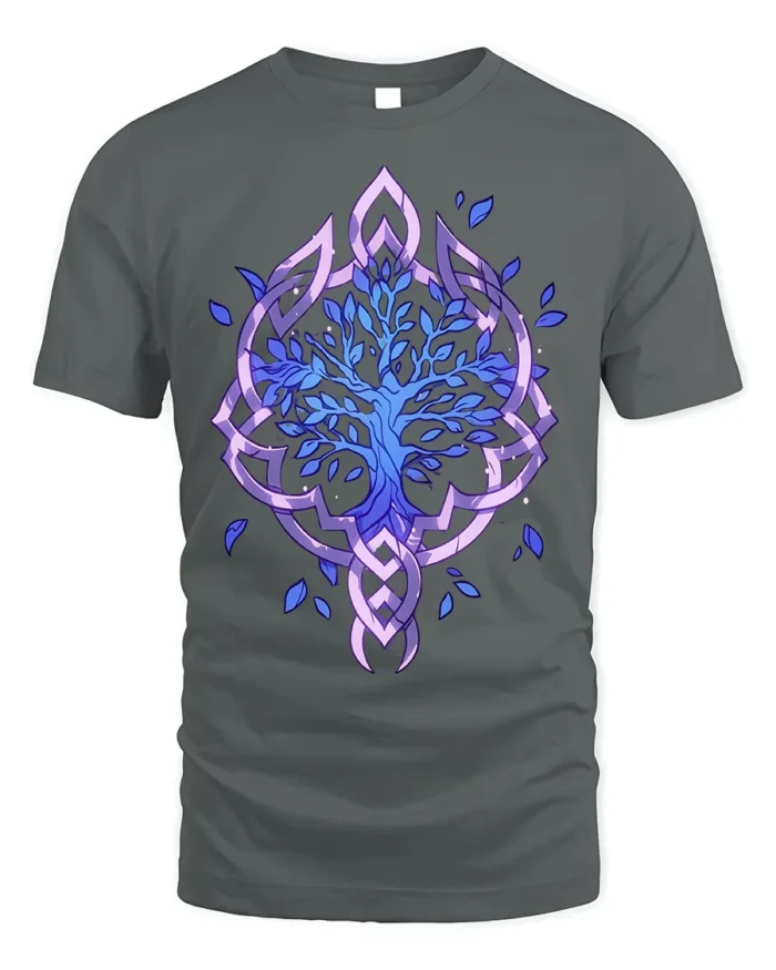 Celtic Tree of Life T-Shirt Blue Mystic Nature Design - gray t-shirt on white background