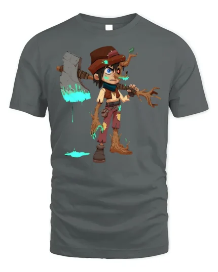 Tree Warrior Boy T-Shirt Fantasy Axe Character Graphic - gray t-shirt on white background