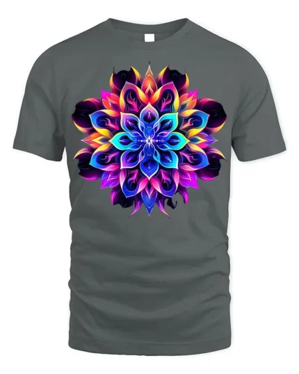 Psychedelic Mandala Flower T-Shirt Neon Chakra Energy - gray t-shirt on white background