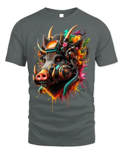 Cyber Boar T-Shirt Futuristic Tech Animal Graphic - gray t-shirt on white background