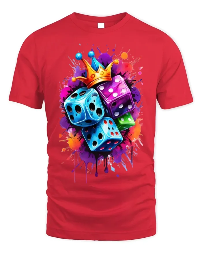 Color Dice Crown Splash Art Graphic T-Shirt for Men - red t-shirt on white background