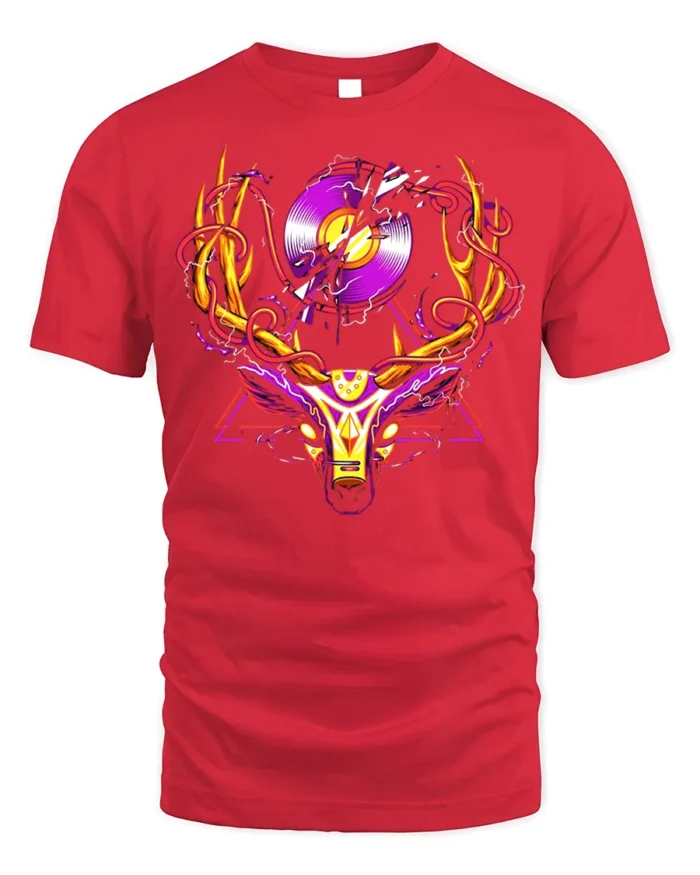 Neon Deer Head T-Shirt with Vinyl Record and Antlers Art - red t-shirt on white background