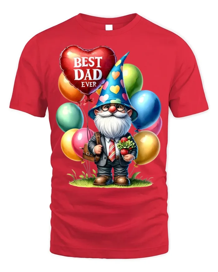 Best Dad Ever T-Shirt with Gnome and Balloon Gift Art - red t-shirt on white background