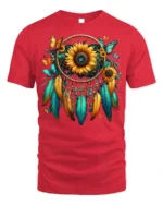 Sunflower Dreamcatcher T-Shirt with Feathers and Butterflies - red t-shirt on white background