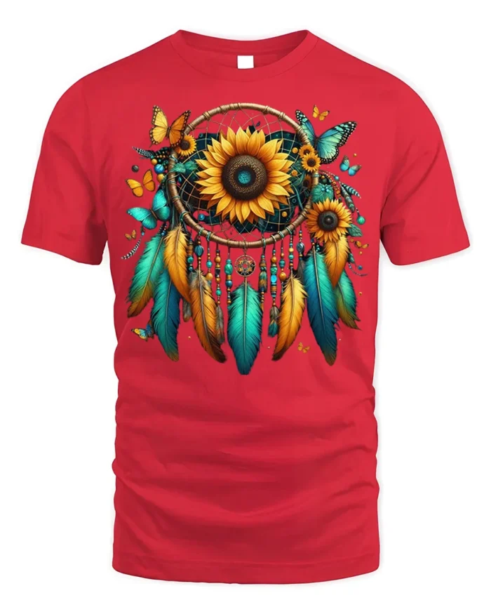 Sunflower Dreamcatcher T-Shirt with Feathers and Butterflies - red t-shirt on white background