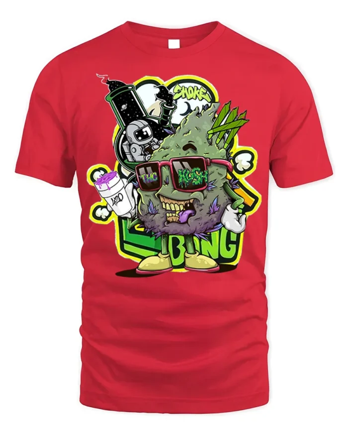 Trippy Weed Cartoon T-Shirt Vibes Stoner Graphic - red t-shirt on white background