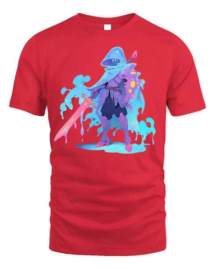 Neon Liquid Knight T-Shirt Fantasy Warrior Graphic - red t-shirt on white background