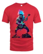 Neon Rock Monster T-Shirt Electric Guitar Graphic - red t-shirt on white background