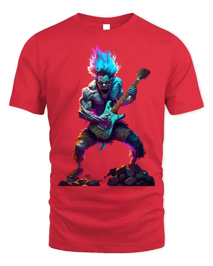 Neon Rock Monster T-Shirt Electric Guitar Graphic - red t-shirt on white background