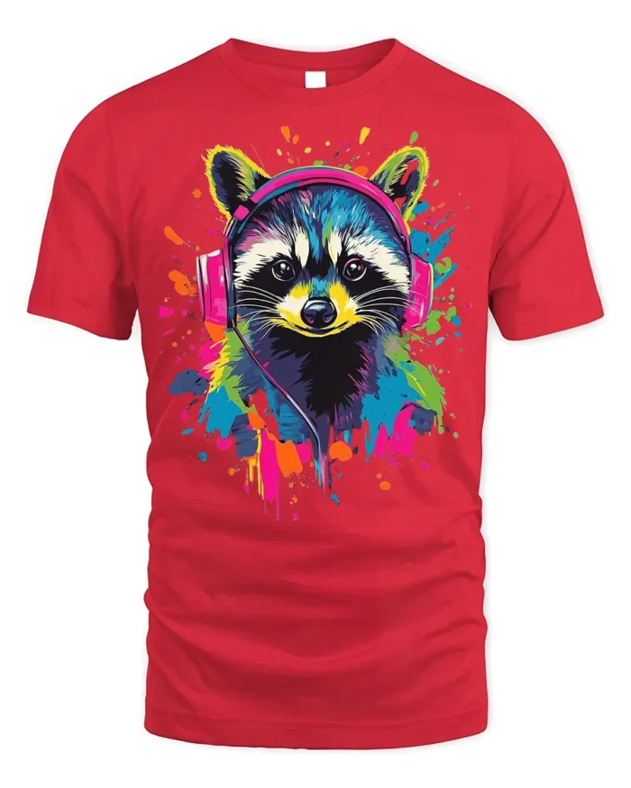 Colorful Raccoon Headphones T-Shirt  Music Vibe - red t-shirt on white background