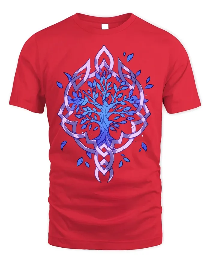 Celtic Tree of Life T-Shirt Blue Mystic Nature Design - red t-shirt on white background