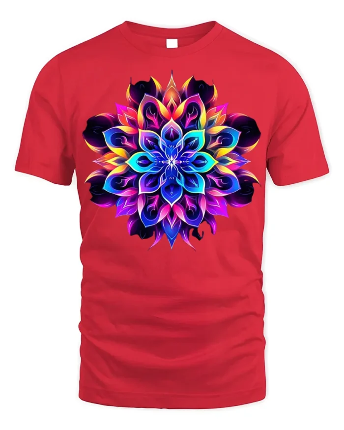 Psychedelic Mandala Flower T-Shirt Neon Chakra Energy - red t-shirt on white background