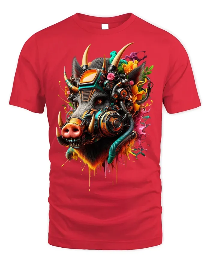 Cyber Boar T-Shirt Futuristic Tech Animal Graphic - red t-shirt on white background