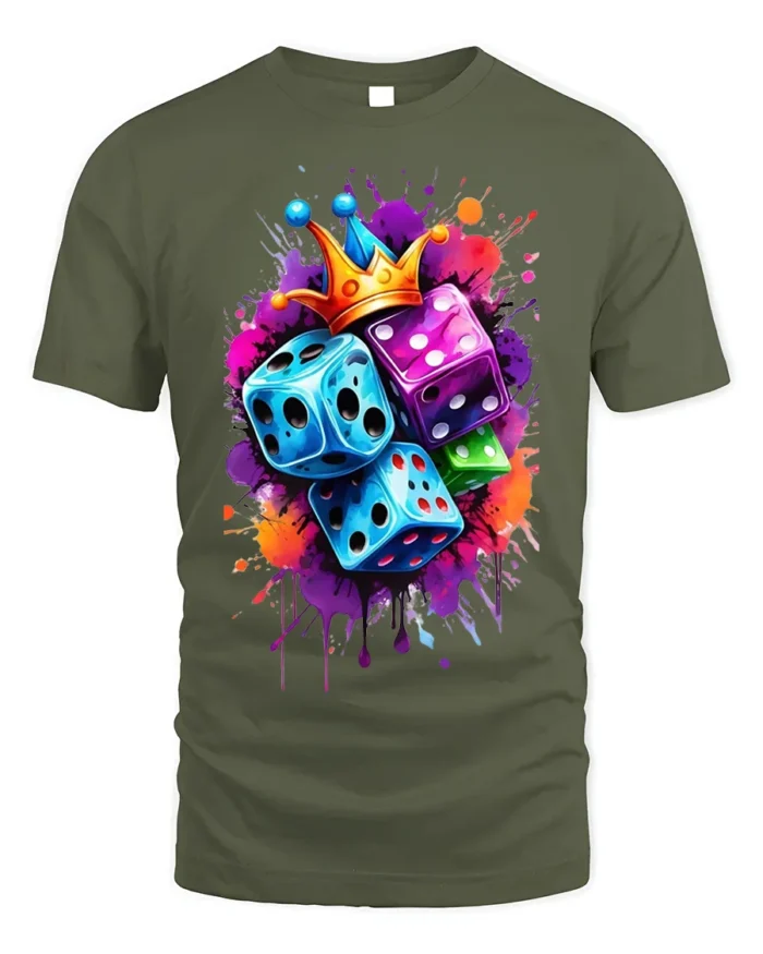 Color Dice Crown Splash Art Graphic T-Shirt for Men - military green t-shirt on white background