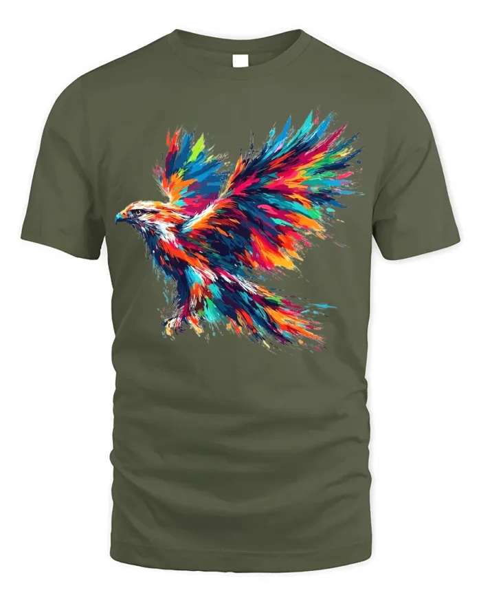 Colorful Eagle Explosion Art Graphic T-Shirt - military green t-shirt on white background