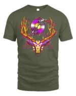 Neon Deer Head T-Shirt with Vinyl Record and Antlers Art - military green t-shirt on white background