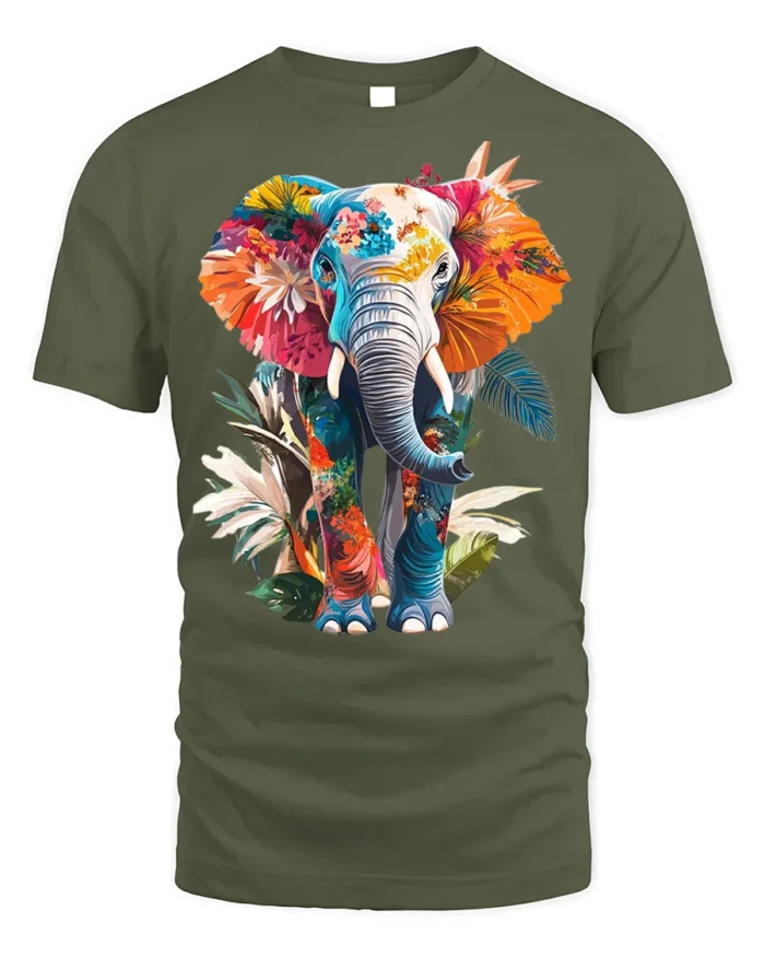 Colorful Elephant T-Shirt Tropical Floral Animal Design - military green t-shirt on white background