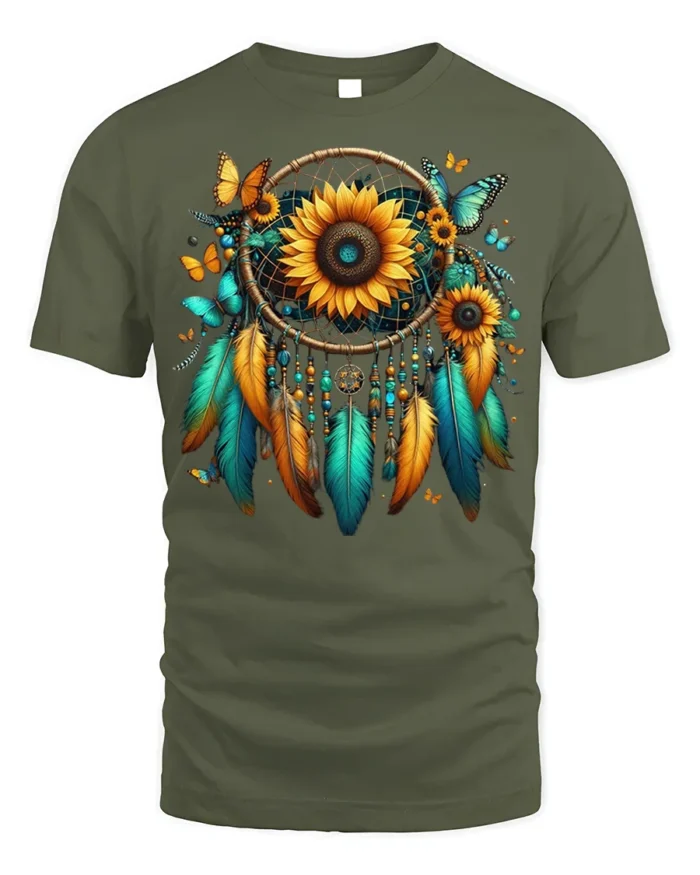 Sunflower Dreamcatcher T-Shirt with Feathers and Butterflies - military green t-shirt on white background