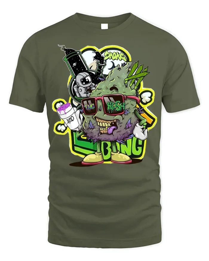 Trippy Weed Cartoon T-Shirt Vibes Stoner Graphic - military green t-shirt on white background