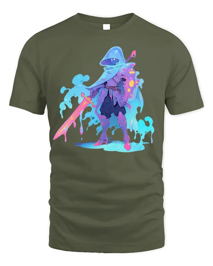 Neon Liquid Knight T-Shirt Fantasy Warrior Graphic - military green t-shirt on white background