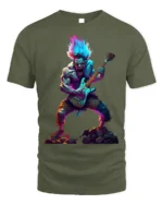 Neon Rock Monster T-Shirt Electric Guitar Graphic - military green t-shirt on white background