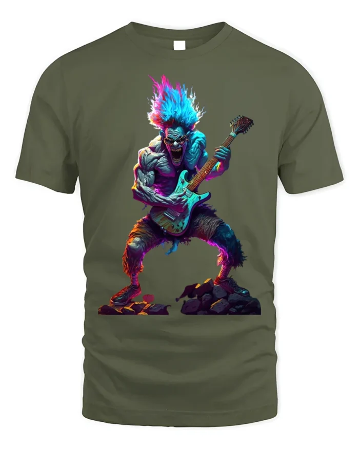 Neon Rock Monster T-Shirt Electric Guitar Graphic - military green t-shirt on white background