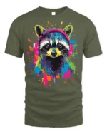Colorful Raccoon Headphones T-Shirt Music Vibe - military green t-shirt on white background