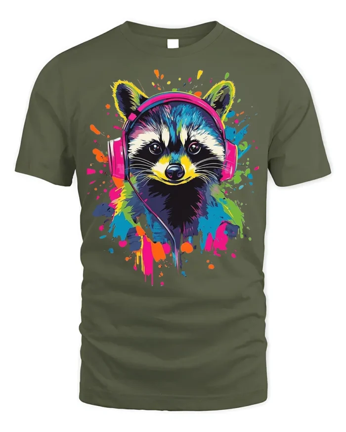 Colorful Raccoon Headphones T-Shirt  Music Vibe - military green t-shirt on white background