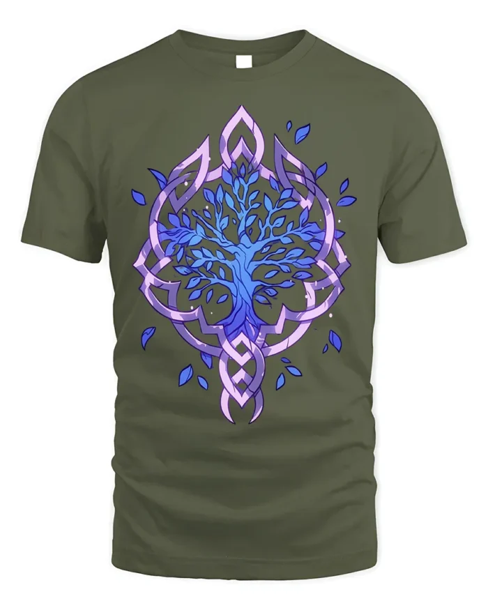 Celtic Tree of Life T-Shirt Blue Mystic Nature Design - military green t-shirt on white background